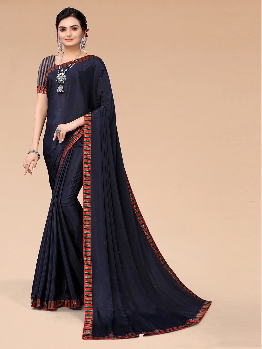 

Mitera Women Navy Blue & Red Satin Saree With Unstitched Blouse Piece