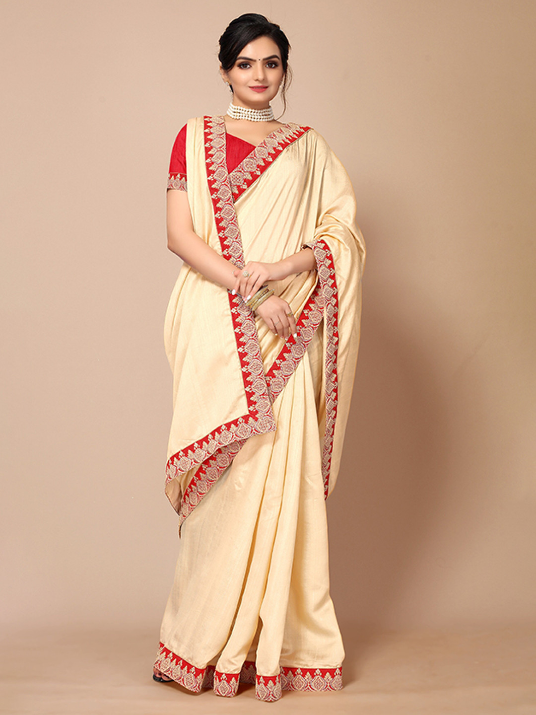 

Mitera Beige & Red Embroidered Saree