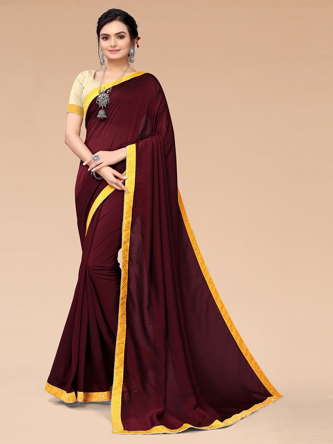 

Mitera Women Maroon & Yellow Satin Saree With Unstitched Blouse Piece