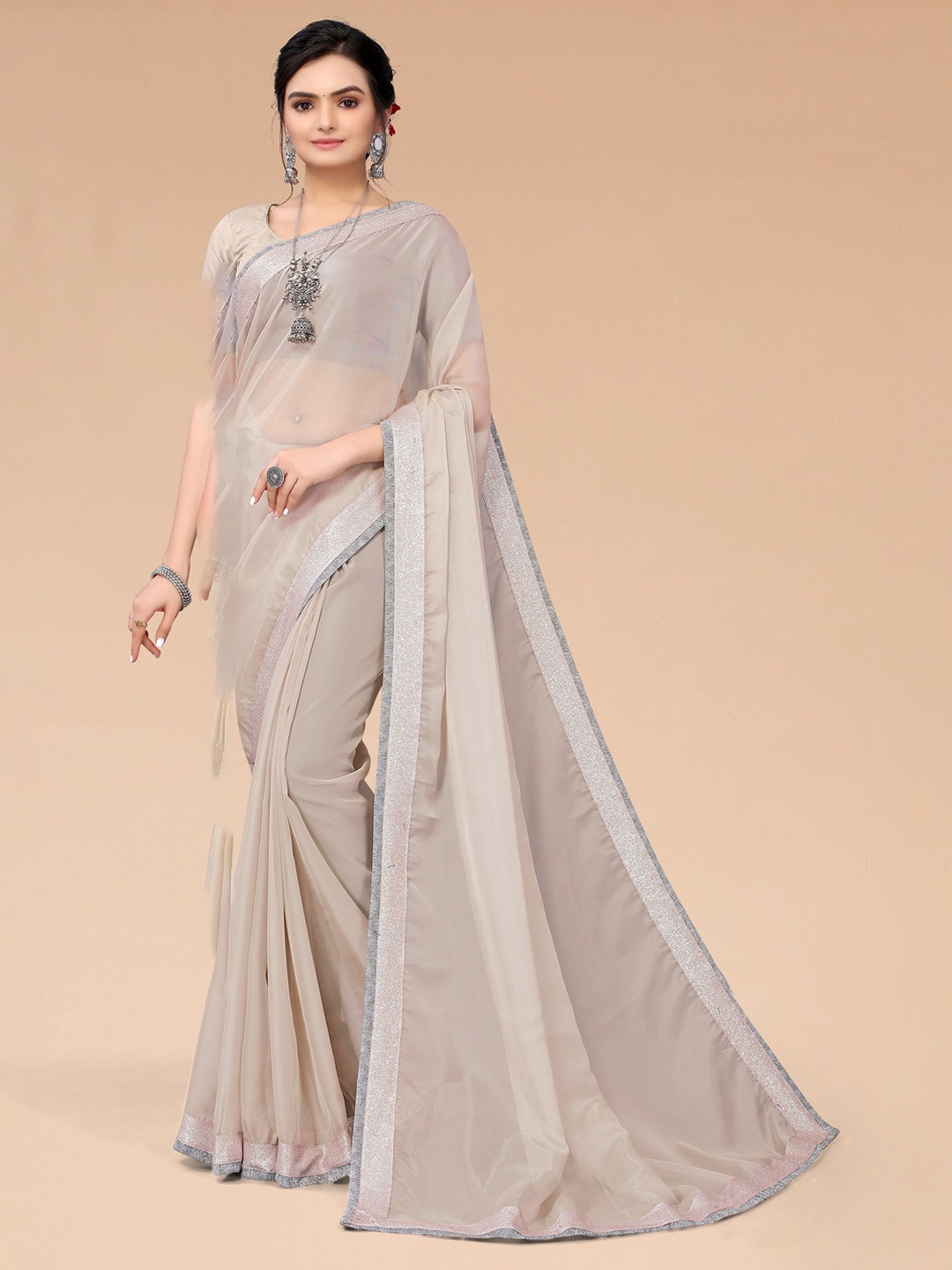 

Mitera Grey Tissue Saree With Embellished Border Work