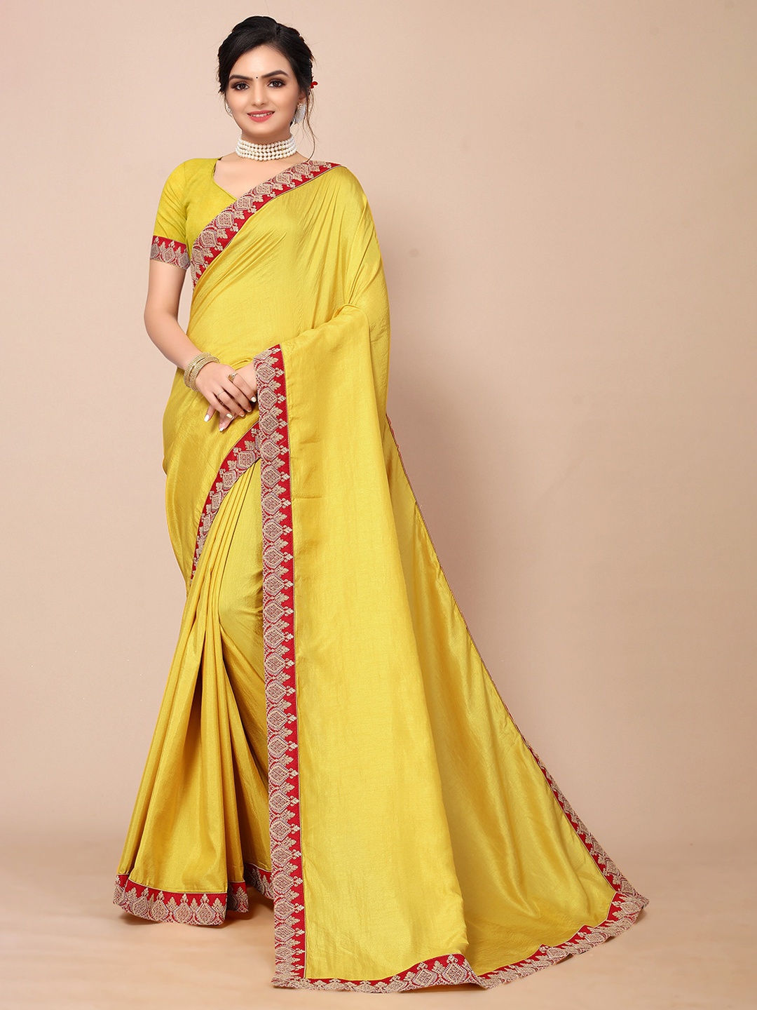 

Mitera Women Mustard & Red Embroidered Saree With Unstitched Blouse Piece