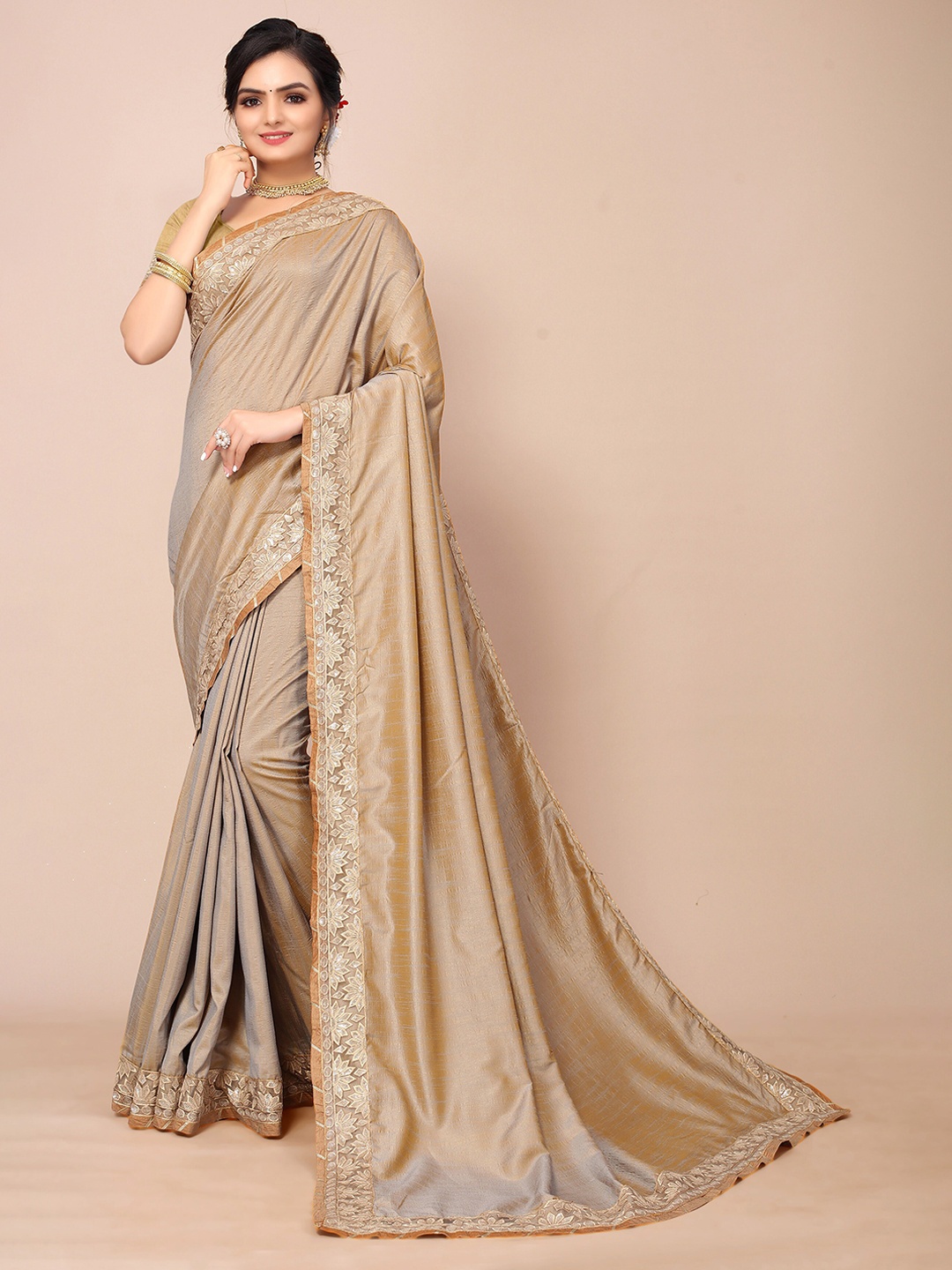 

Mitera Women Coffee Brown Embroidered Saree With Unstitched Blouse Piece