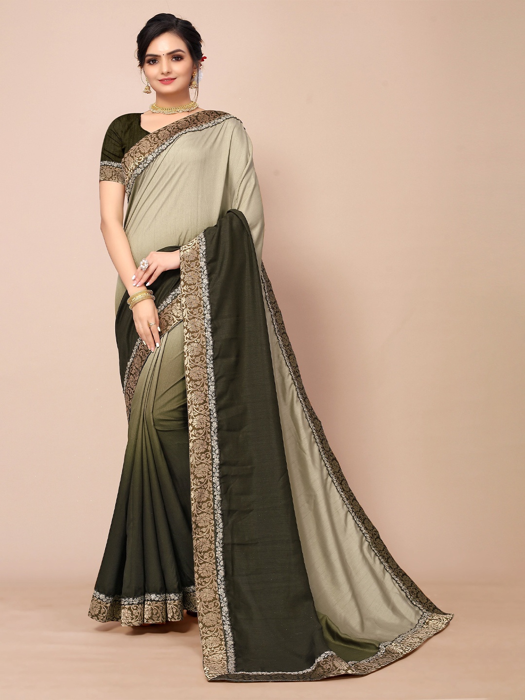 

Mitera Women Green & Gold-Toned Poly Silk Embroidered Saree with Blouse