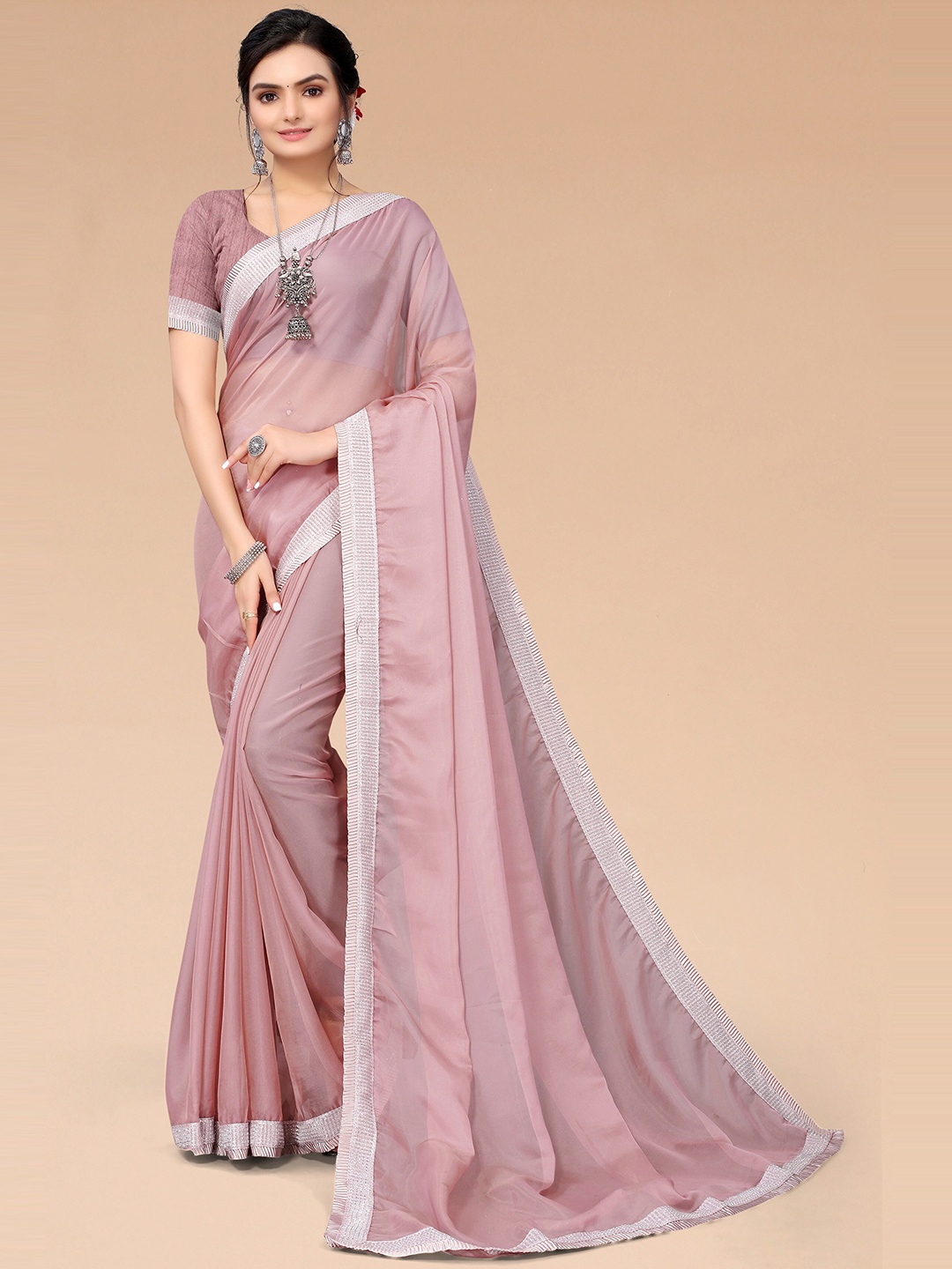 

Mitera Women Pink & White Sequinned Tissue Saree With Unstitched Blouse Piece