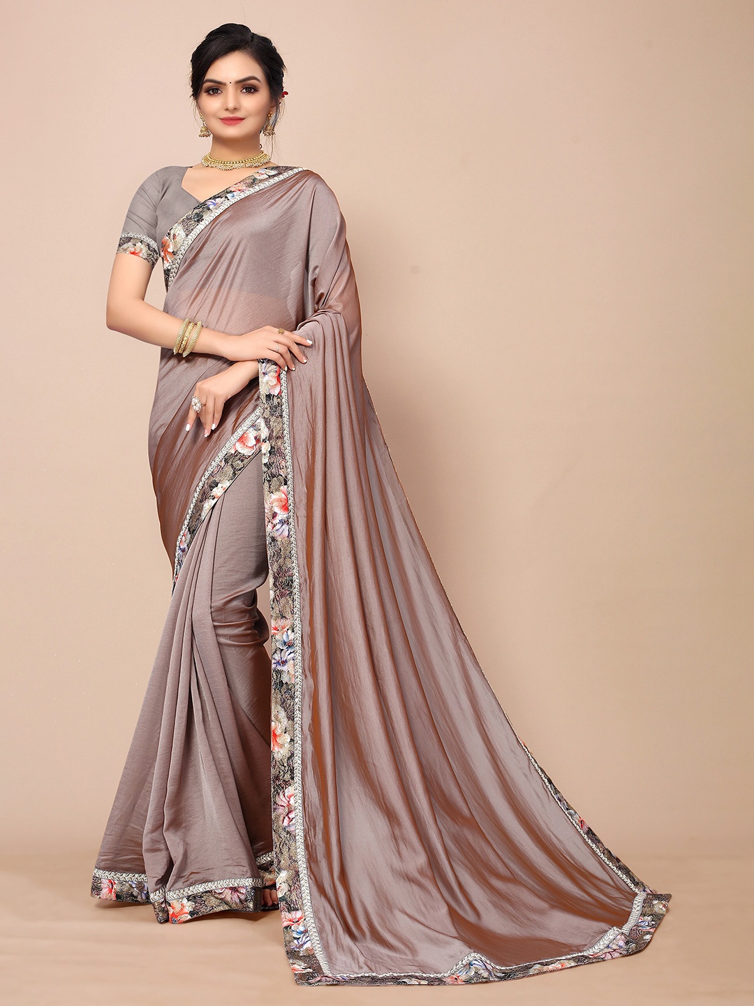 

Mitera Coffee Brown & White Sequinned Saree