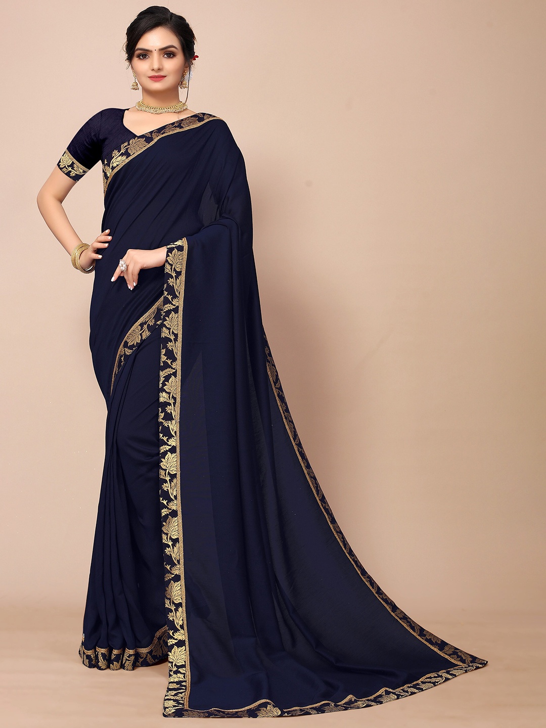 

Mitera Women Blue & Gold-Toned Zari Poly Georgette Saree With Unstitched Blouse Piece