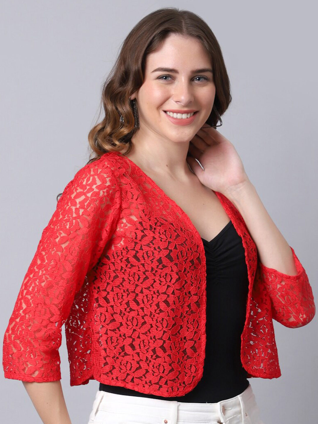 

UnaOne Women Red Open Front Crop Shrug