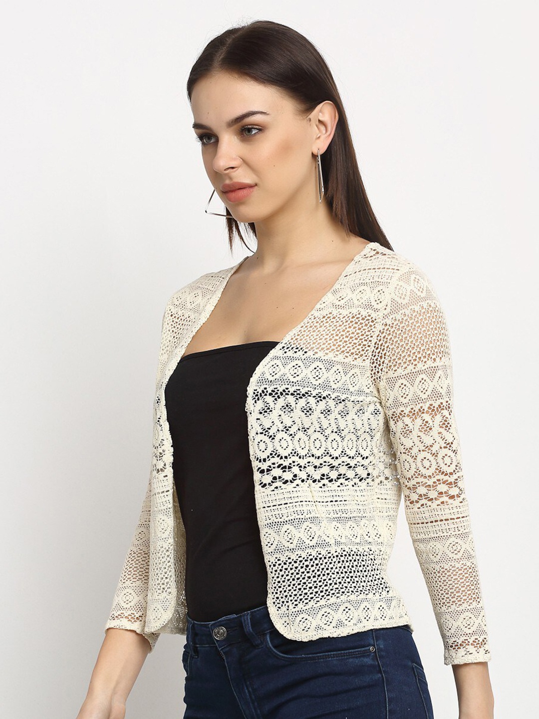 

UnaOne Women Off White Self Design Crop Shrug