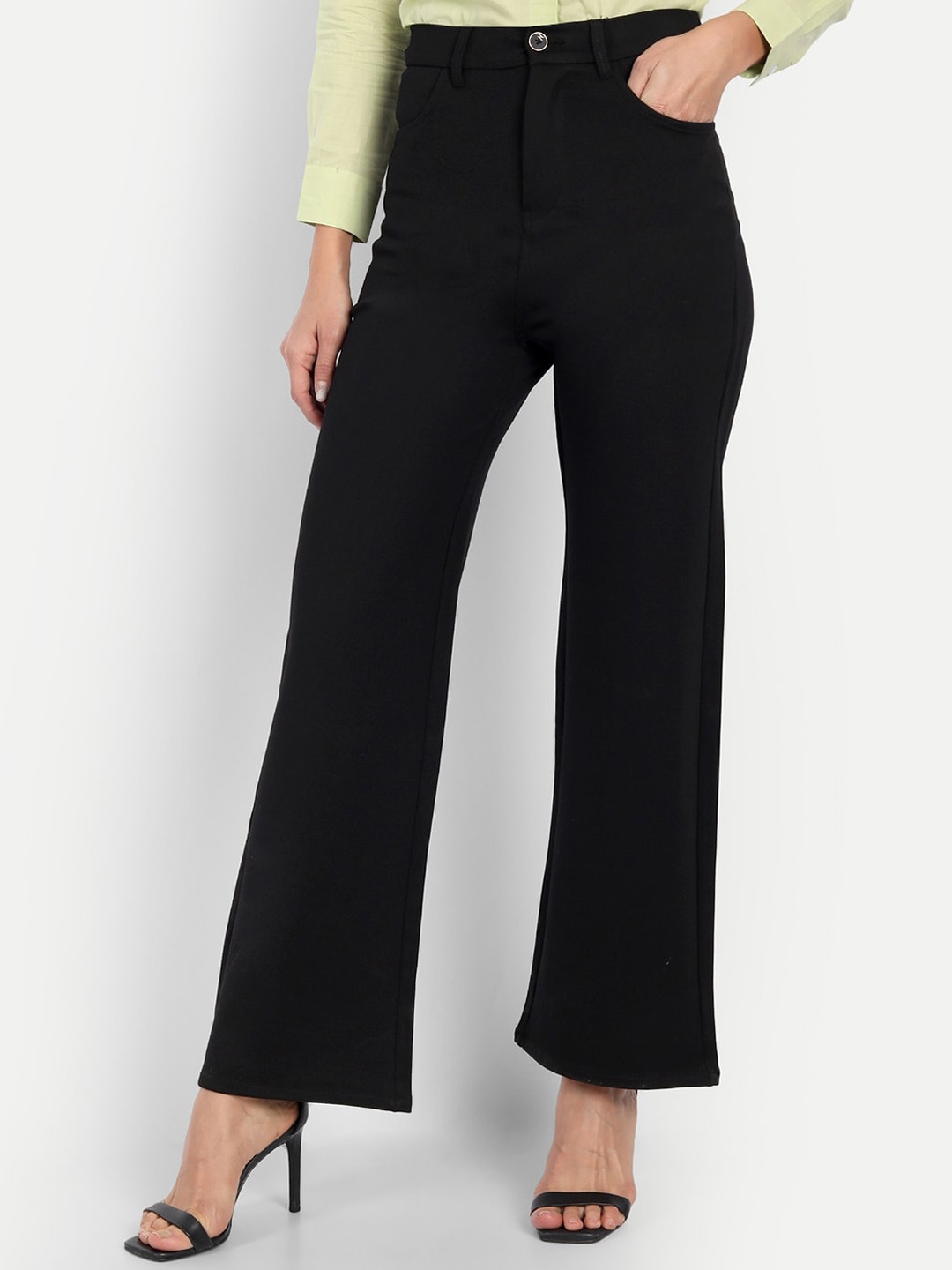 

BROADSTAR Women Black Relaxed Straight Leg Loose Fit High-Rise Easy Wash Trousers