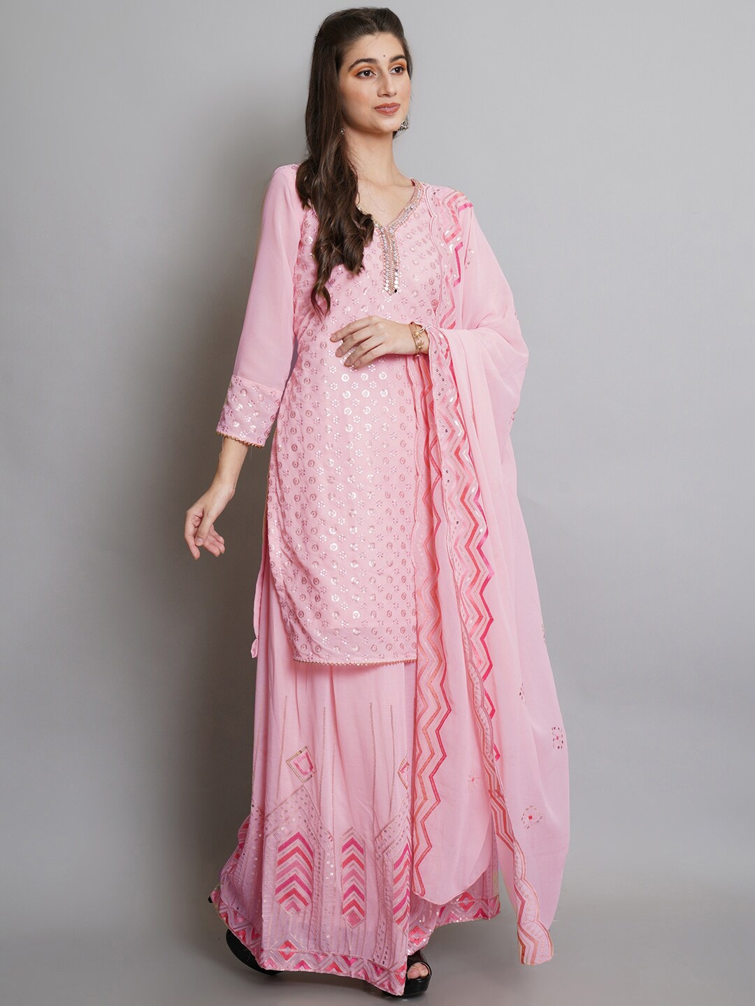 

Stylee LIFESTYLE Women Pink Embroidered Semi-Stitched Dress Material