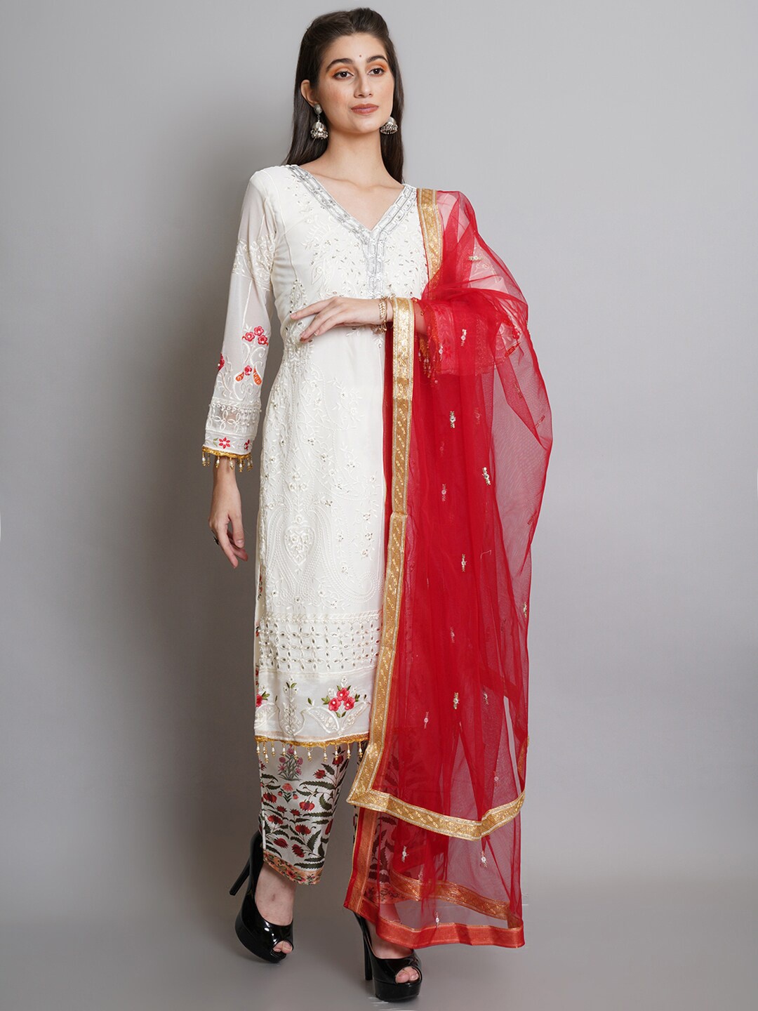 

Stylee LIFESTYLE Women Off White & Red Embroidered Semi-Stitched Dress Material