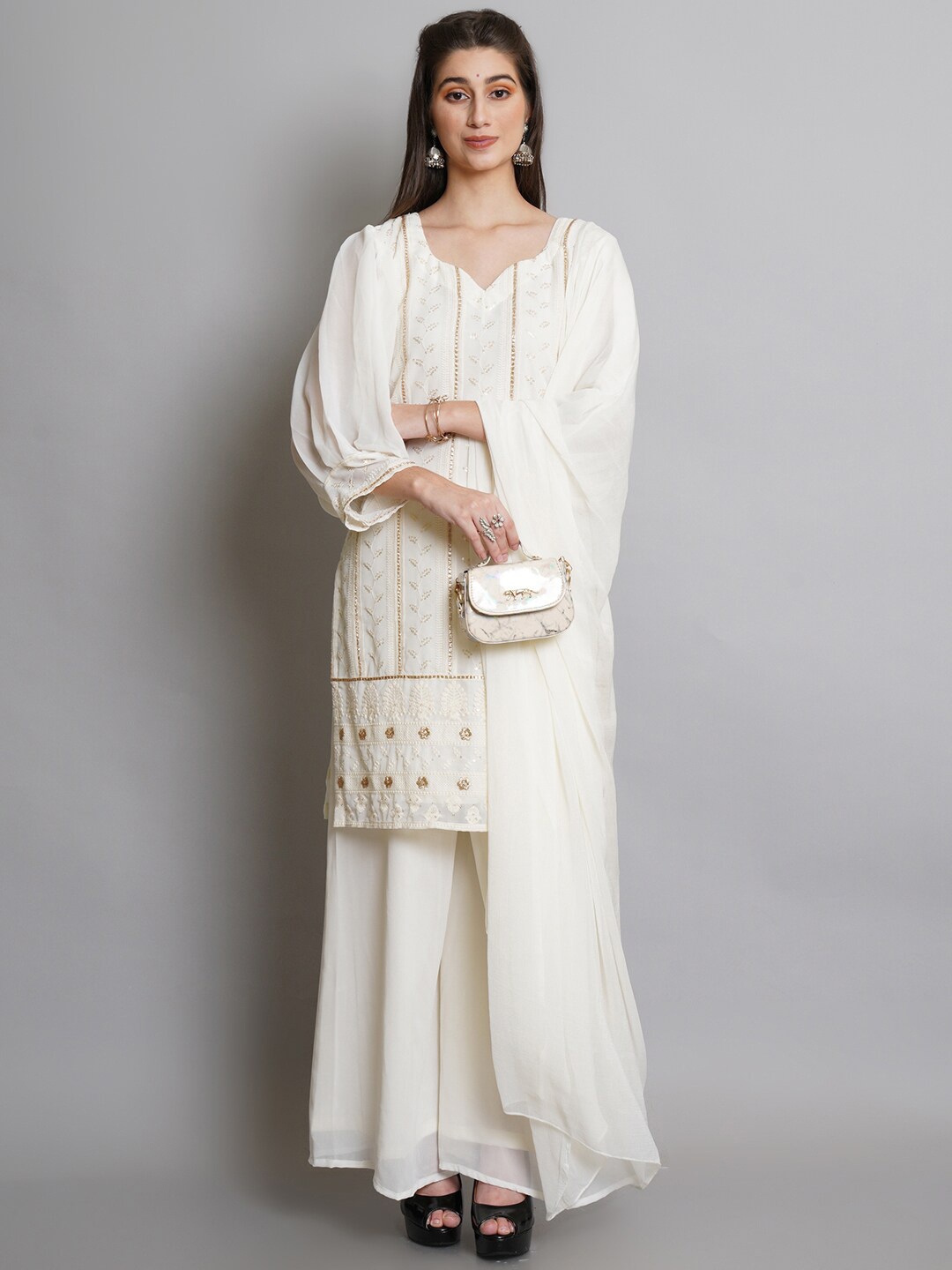 

Stylee LIFESTYLE Women Off White Embroidered Semi-Stitched Dress Material