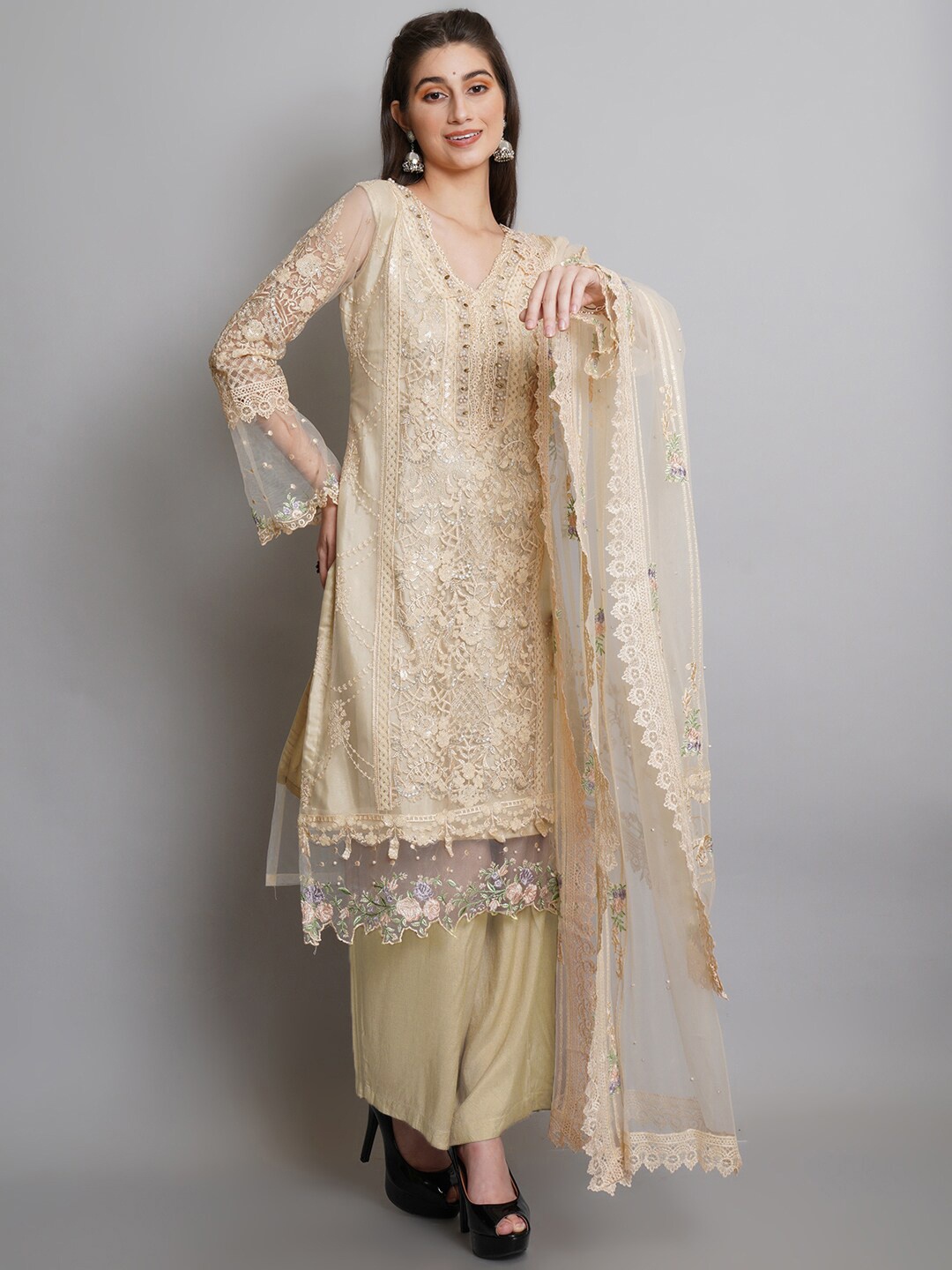 

Stylee LIFESTYLE Women Beige Net Embroidered Semi-Stitched Dress Material
