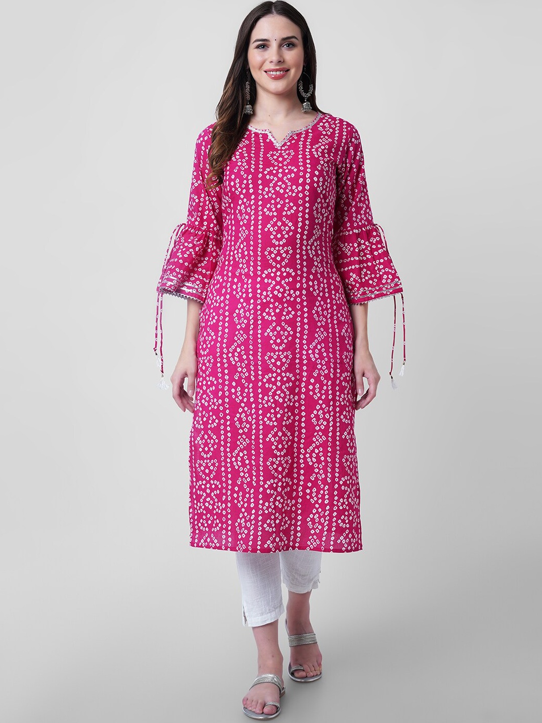 

God Bless Women Pink Ethnic Motifs Printed Flared Sleeves Thread Work Kurta