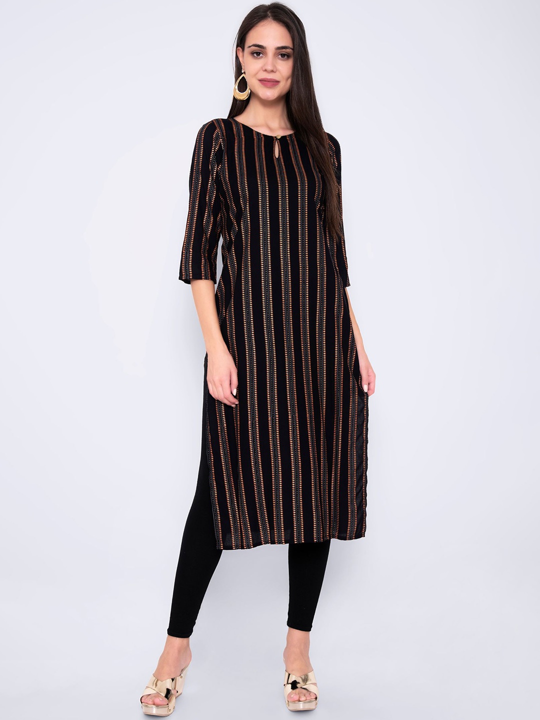 

God Bless Women Black Striped Keyhole Neck Thread Work Kurta