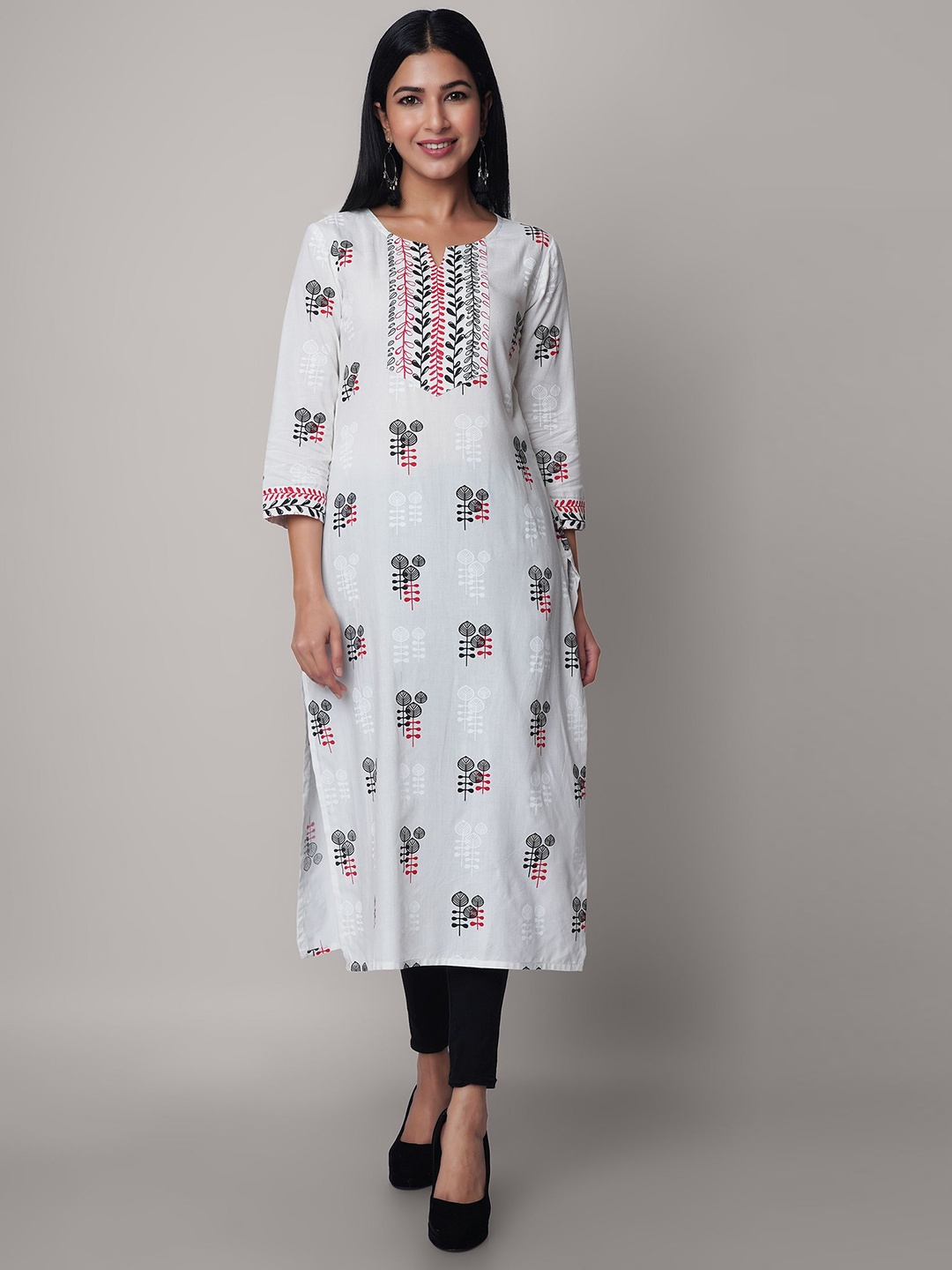 

God Bless Women White Ethnic Motifs Kurta