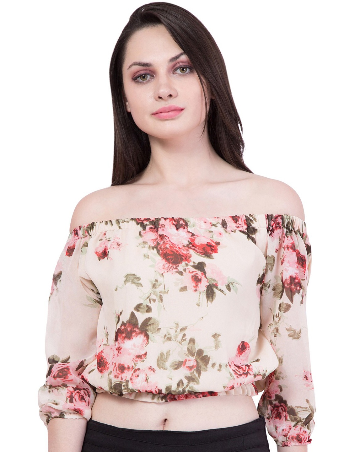 

Hive91 Beige Floral Print Off-Shoulder Georgette Bardot Crop Top