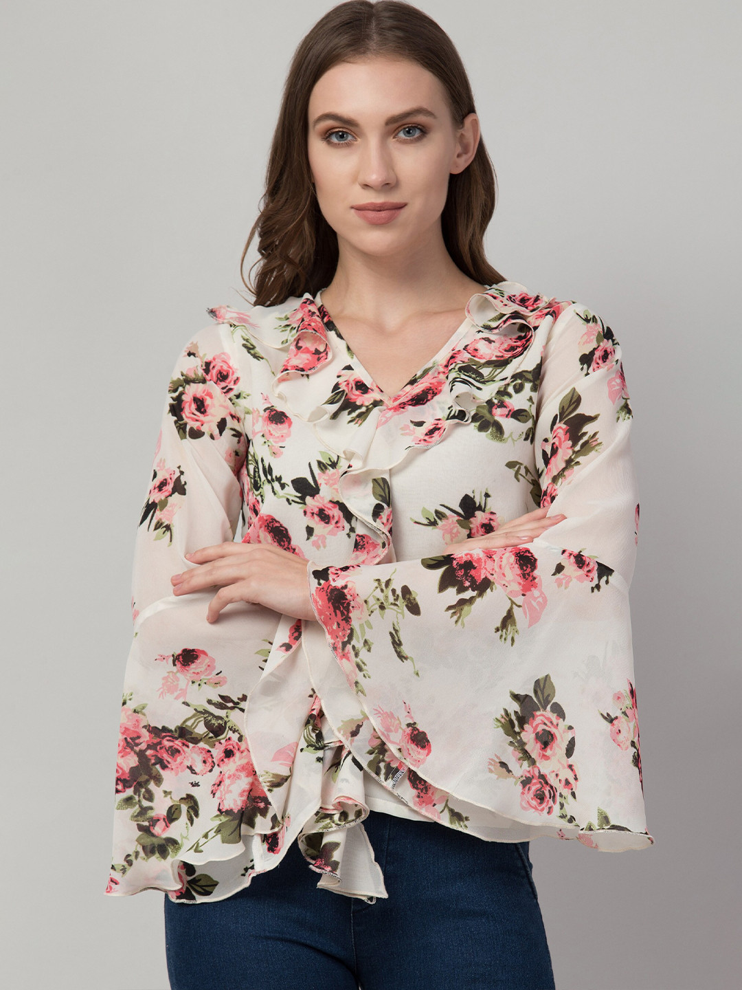 

Hive91 White Floral Print Ruffles Georgette Top