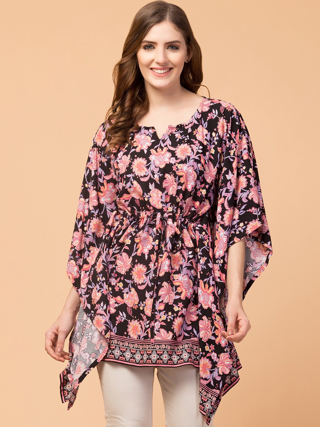 

Hive91 Black Floral Print Keyhole Neck Kaftan Longline Top