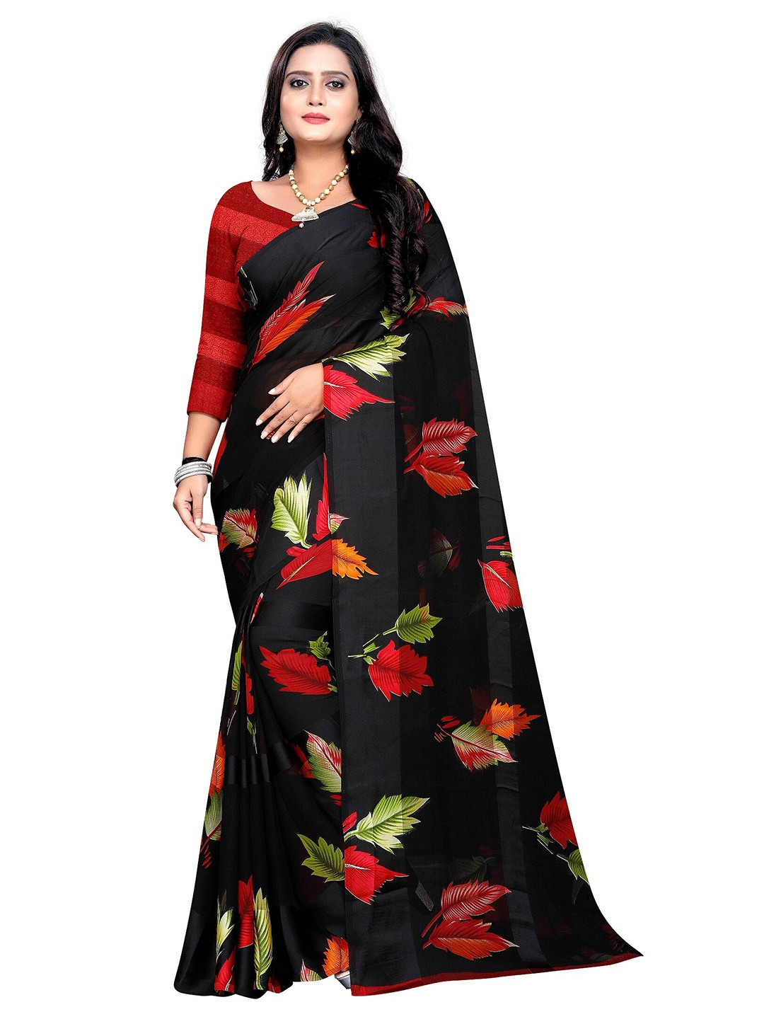 

M Venture Red & Black Floral Satin Mangalagiri Saree