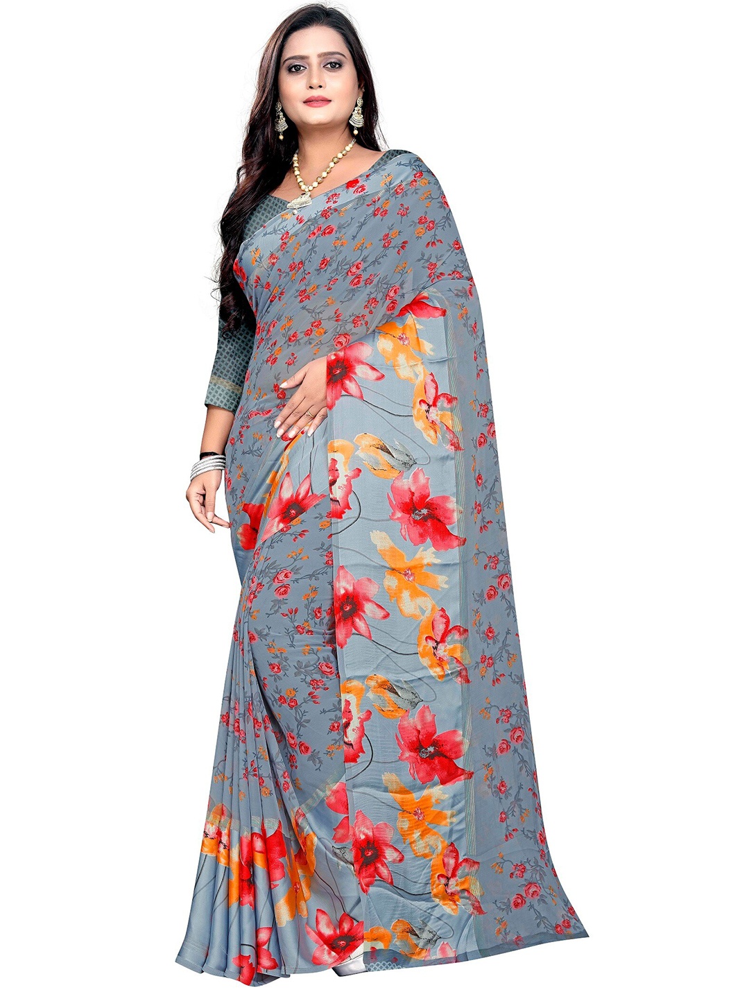 

M M Venture Grey & Red Floral Satin Mangalagiri Saree