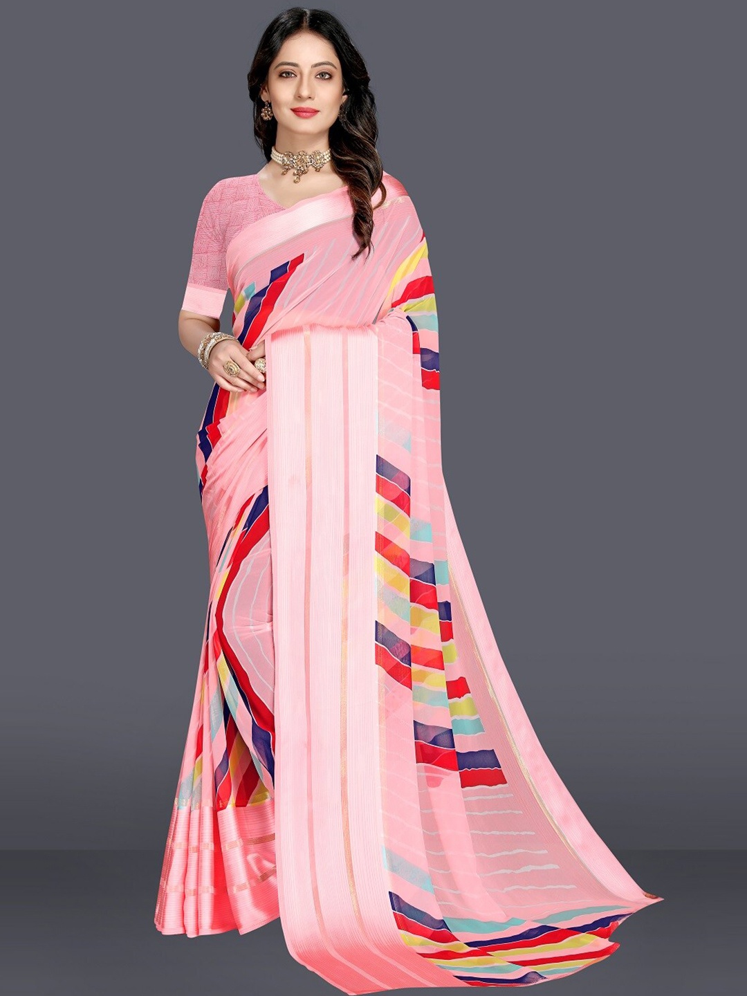 

M M Venture Pink & Blue Floral Satin Mangalagiri Saree