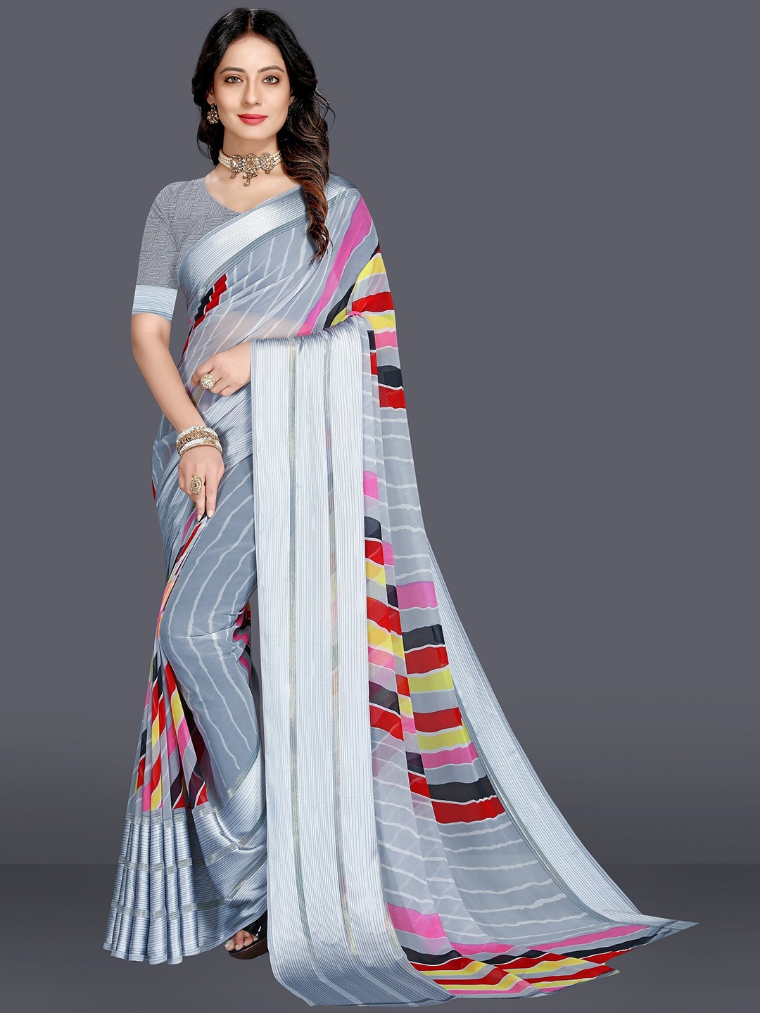 

M M Venture Grey & Maroon Striped Satin Mangalagiri Saree