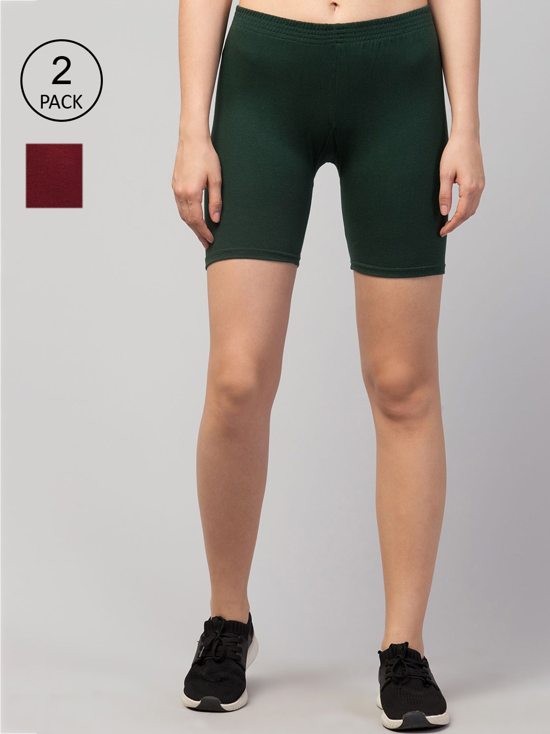 

Apraa & Parma Women Pack of 2 Green and marron solid Slim Fit Cycling Sports Shorts