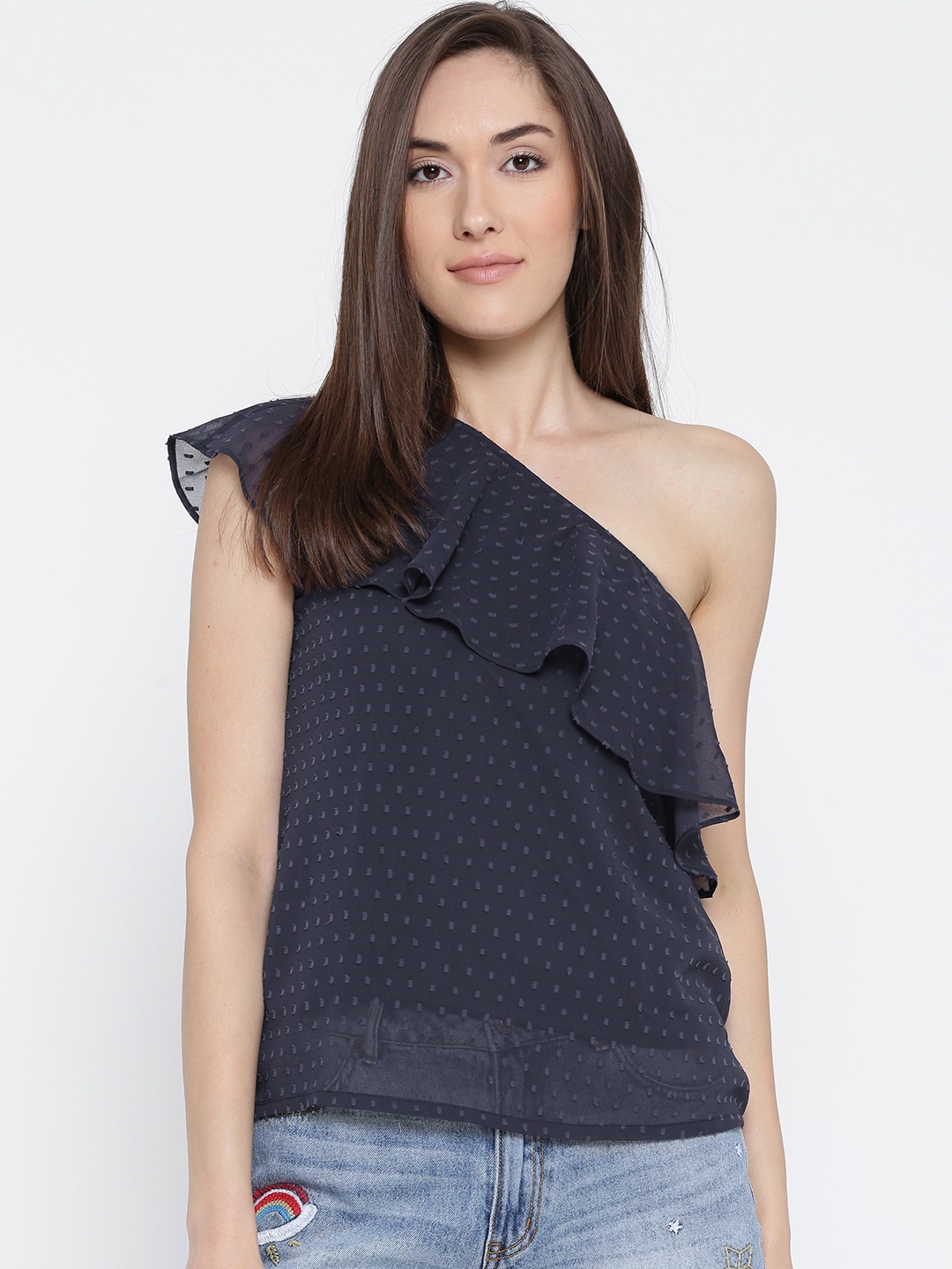 

Sera Women Navy Self-Design One-Shoulder Top, Navy blue