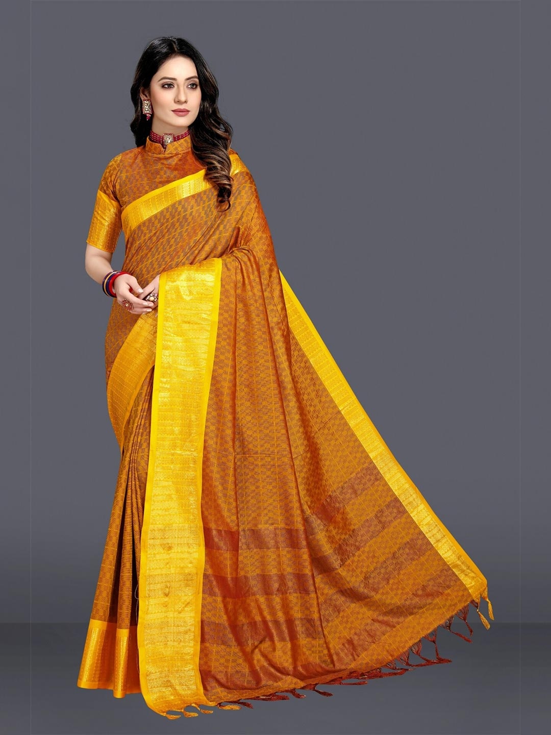 

M M Venture Mustard & Yellow Woven Design Zari Pure Cotton Dharmavaram Saree