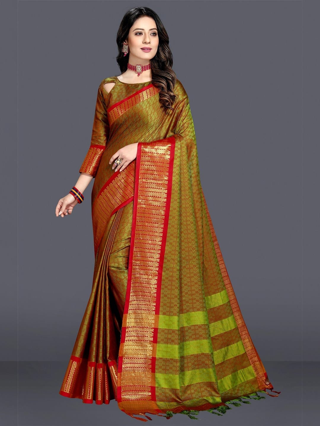 

M M Venture Olive Green & Orange Woven Design Zari Pure Cotton Dharmavaram Saree