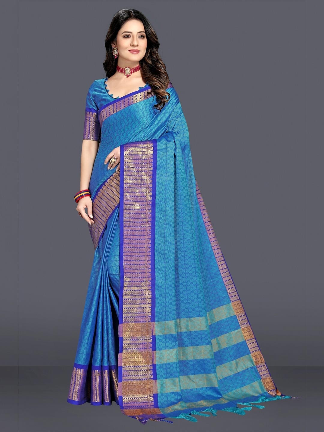

M M Venture Blue & Purple Woven Design Zari Pure Cotton Dharmavaram Saree