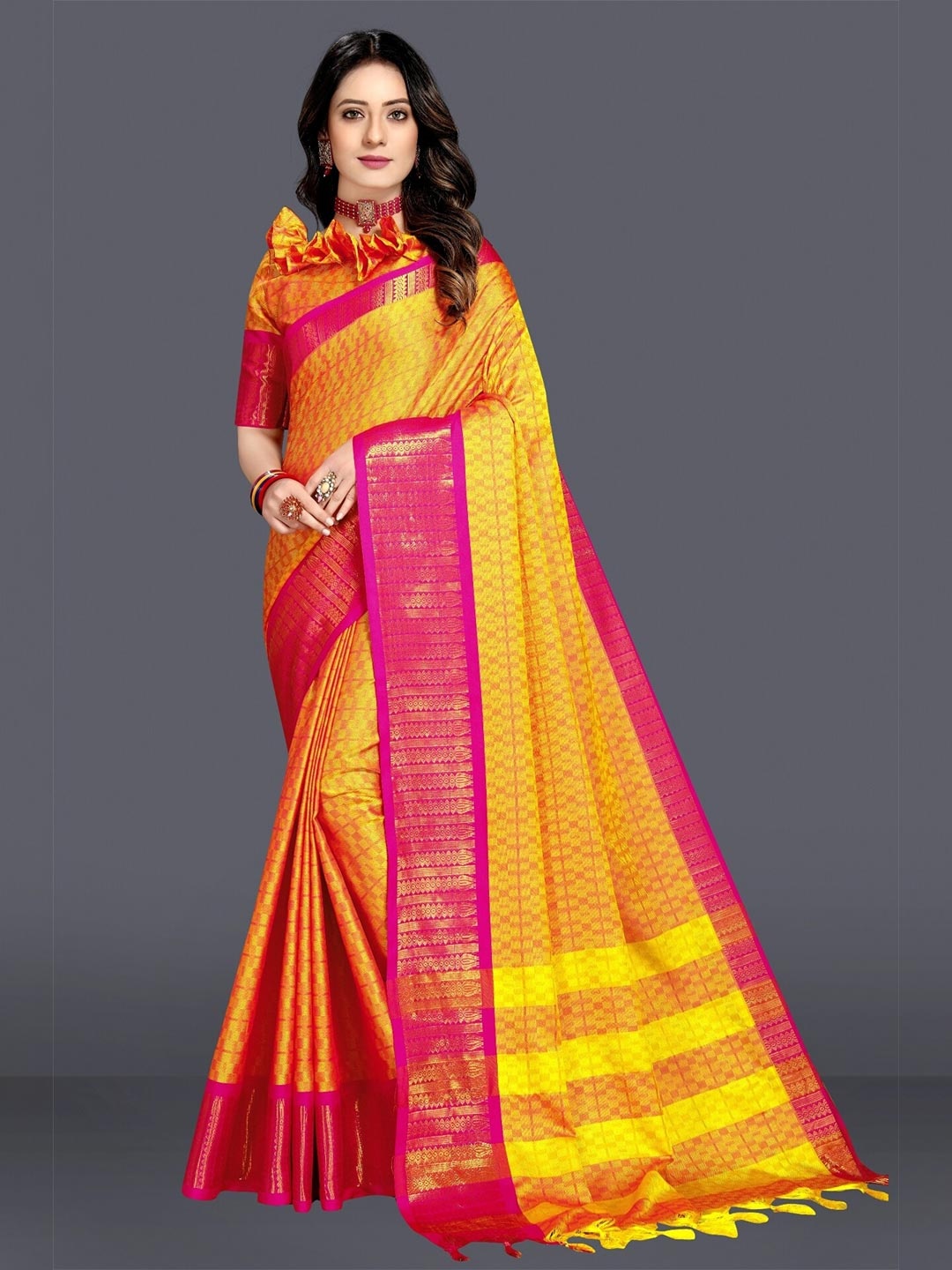 

M M Venture Rose Gold & Mustard Woven Design Zari Pure Cotton Dharmavaram Saree