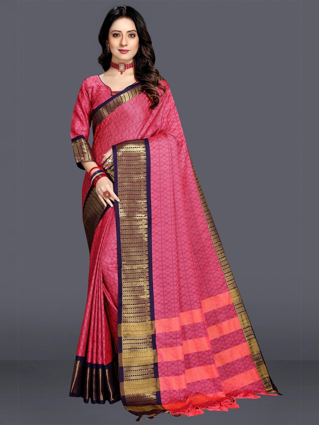 

M M Venture Pink & Purple New Trendy Cotton Saree With Jacquard Blouse