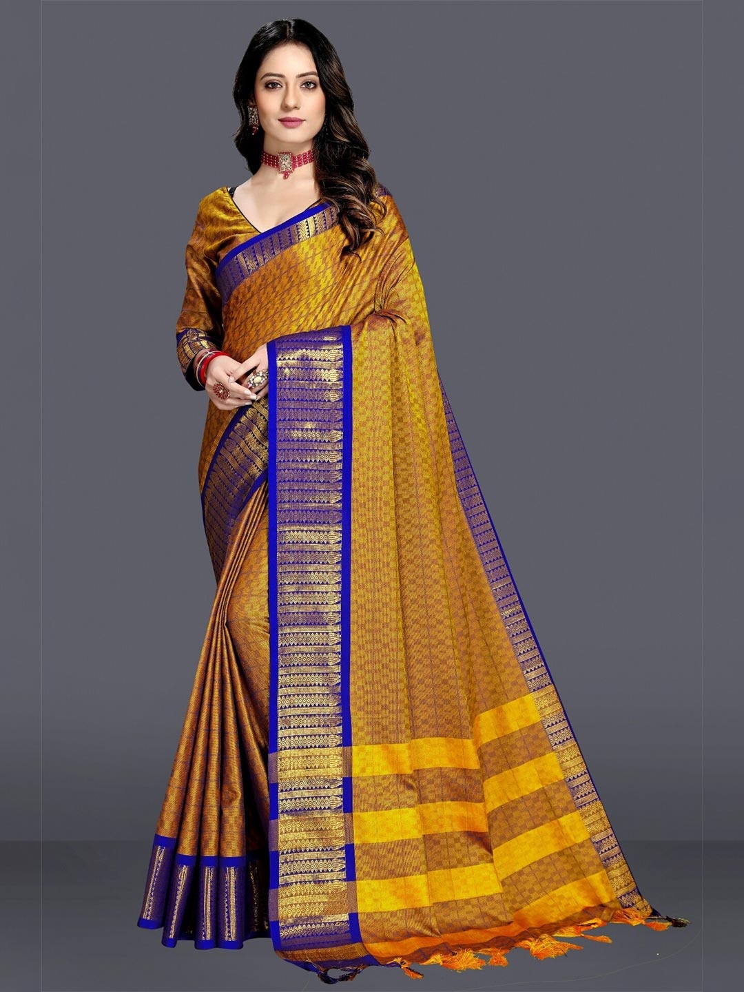 

M M Venture New Trendy Cotton Saree With Jacquard Blouse, Yellow