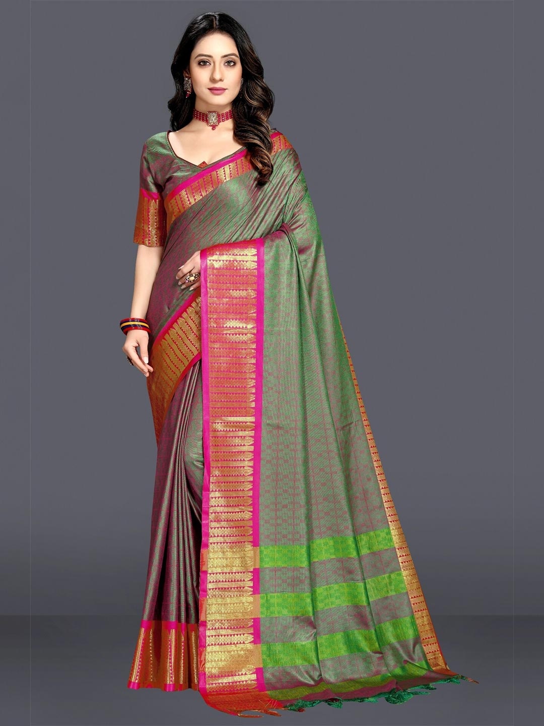 

M M Venture New Trendy Cotton Saree With Jacquard Blouse, Green