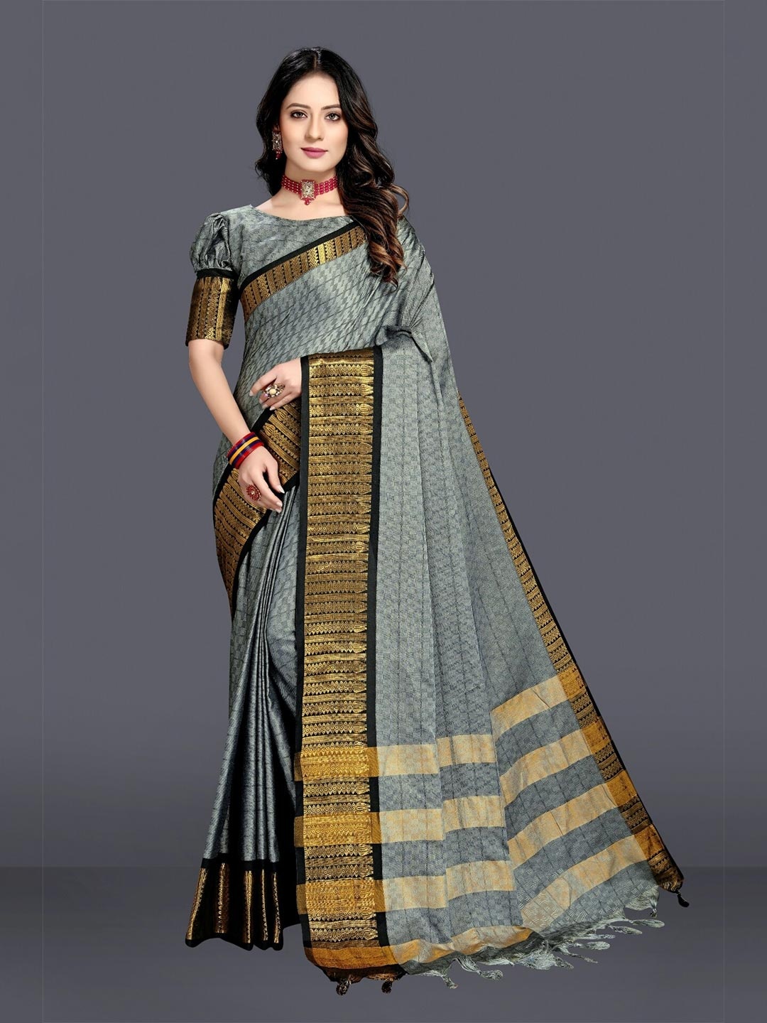 

M M Venture Grey & Gold-Toned Woven Design Zari Pure Cotton Dharmavaram Saree