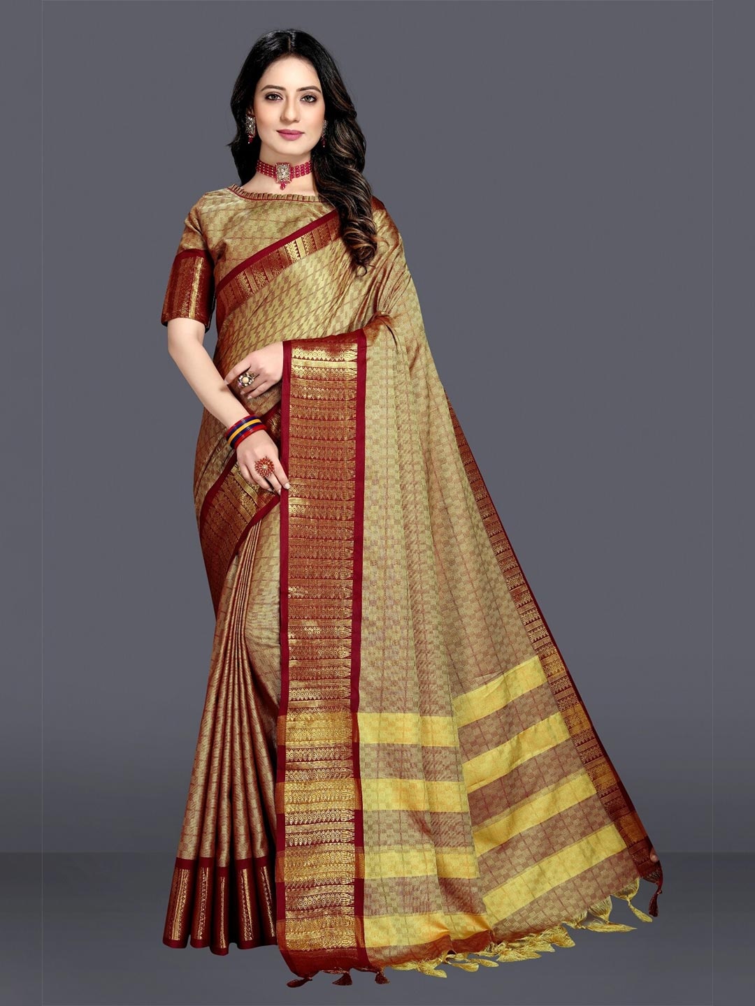 

M M Venture Beige & Maroon Woven Design Zari Pure Cotton Dharmavaram Saree