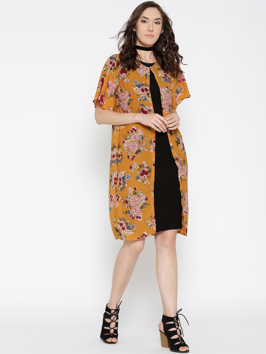 

Sera Mustard Yellow Floral Print Longline Shrug