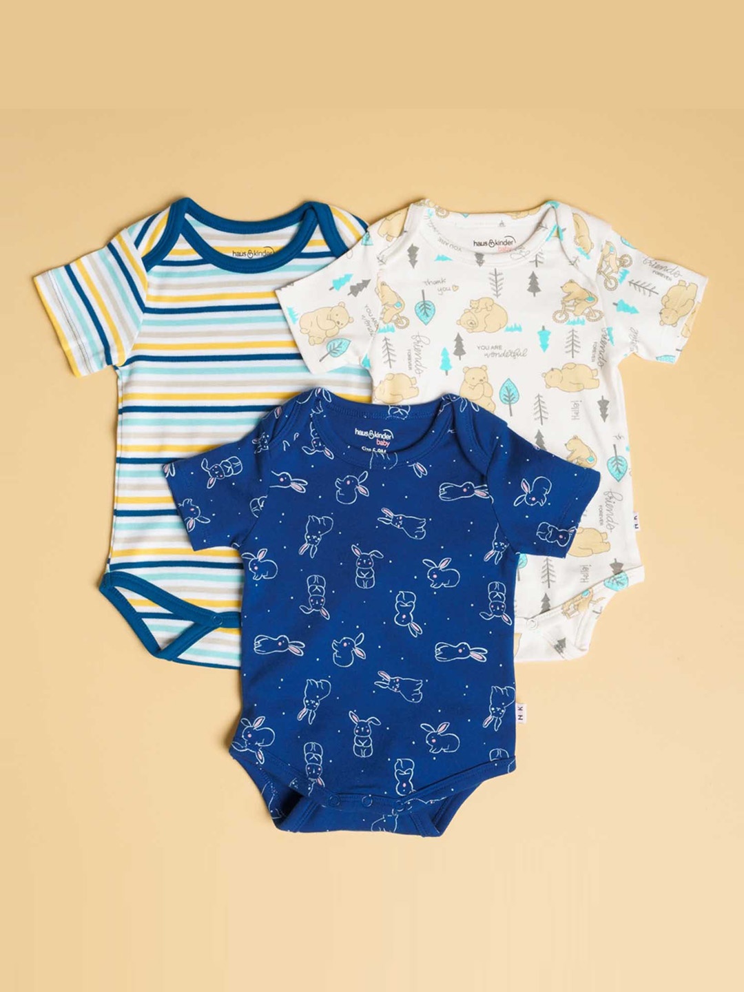 

haus & kinder Kids Pack Of 3 Navy Blue ,Yellow Printed Pure Cotton Rompers