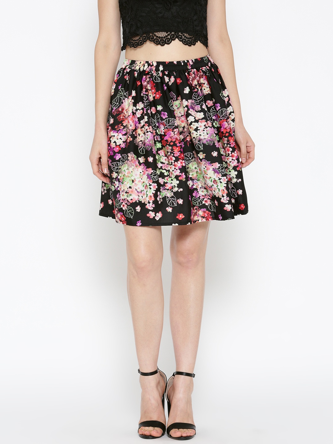 

Sera Black & Off-White Floral Print Flared Skirt