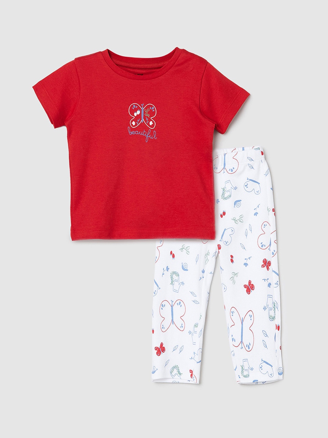

max Girls Cotton White & Red Night suit