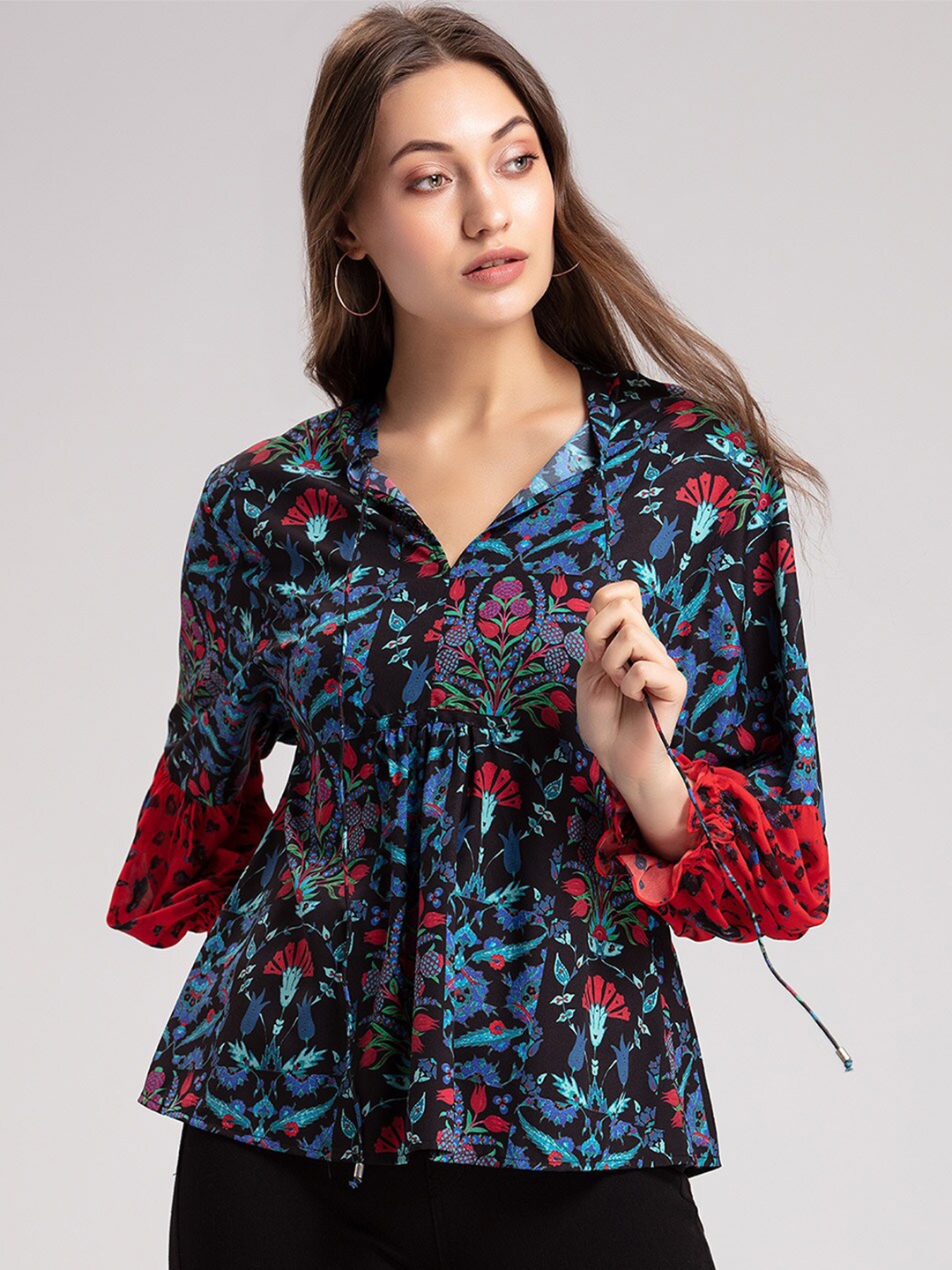 

SHAYE Black Floral Print Mandarin Collar Shirt Style Top