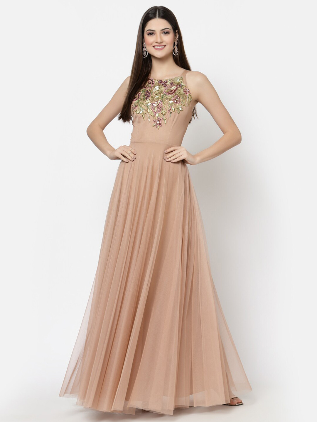 

Just Wow Beige Floral Net Maxi Dress