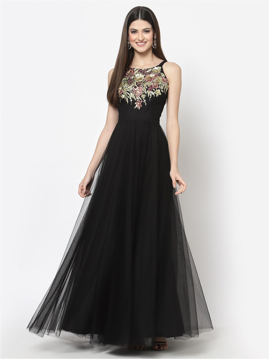 

Just Wow Black Embellished Net Maxi Dress