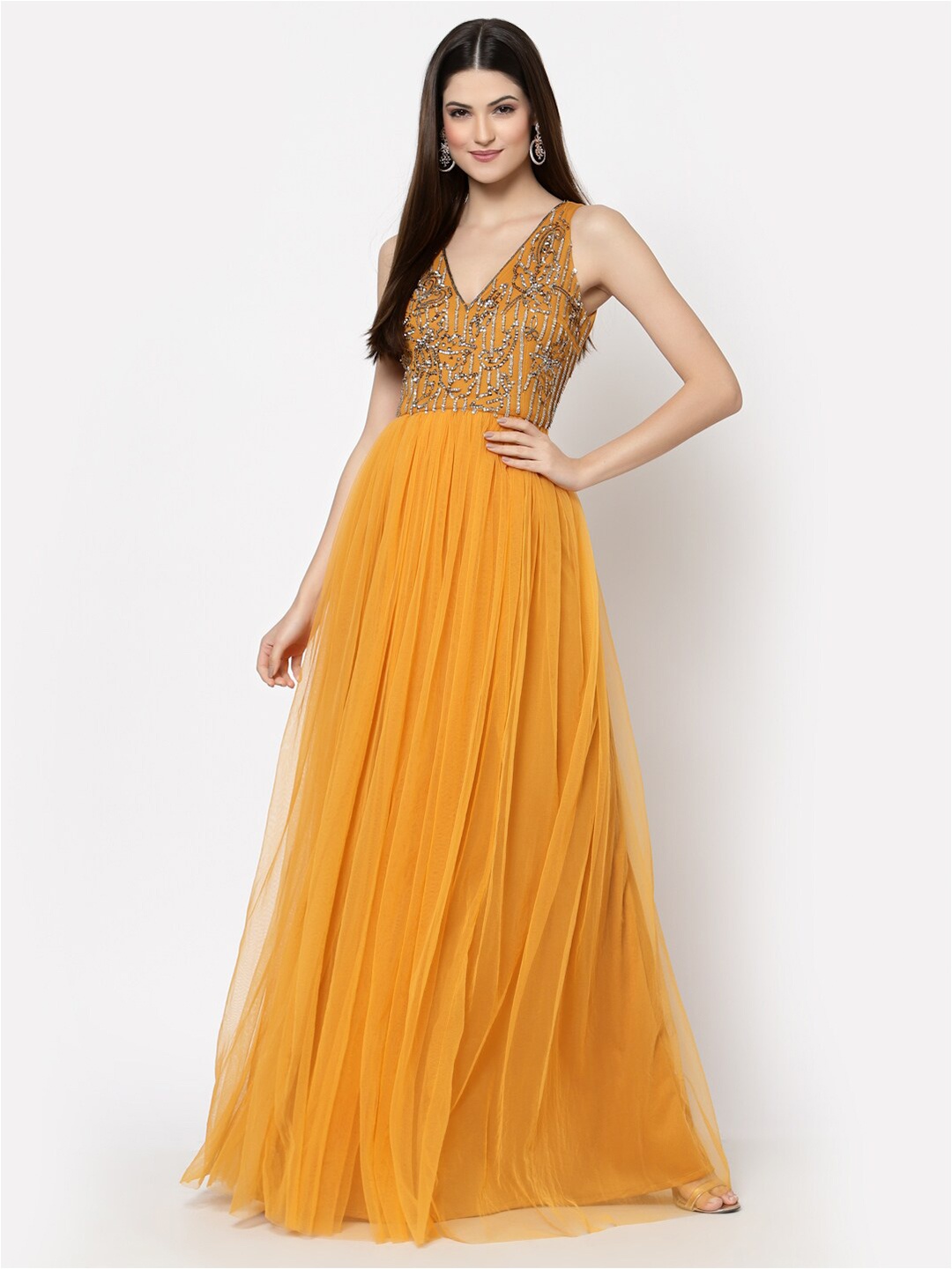 

Just Wow Yellow Embellished With Beads Design Net Maxi Dress