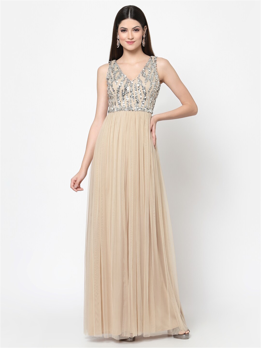 

Just Wow Cream-Coloured Embellished Beads Design Net Maxi Dress