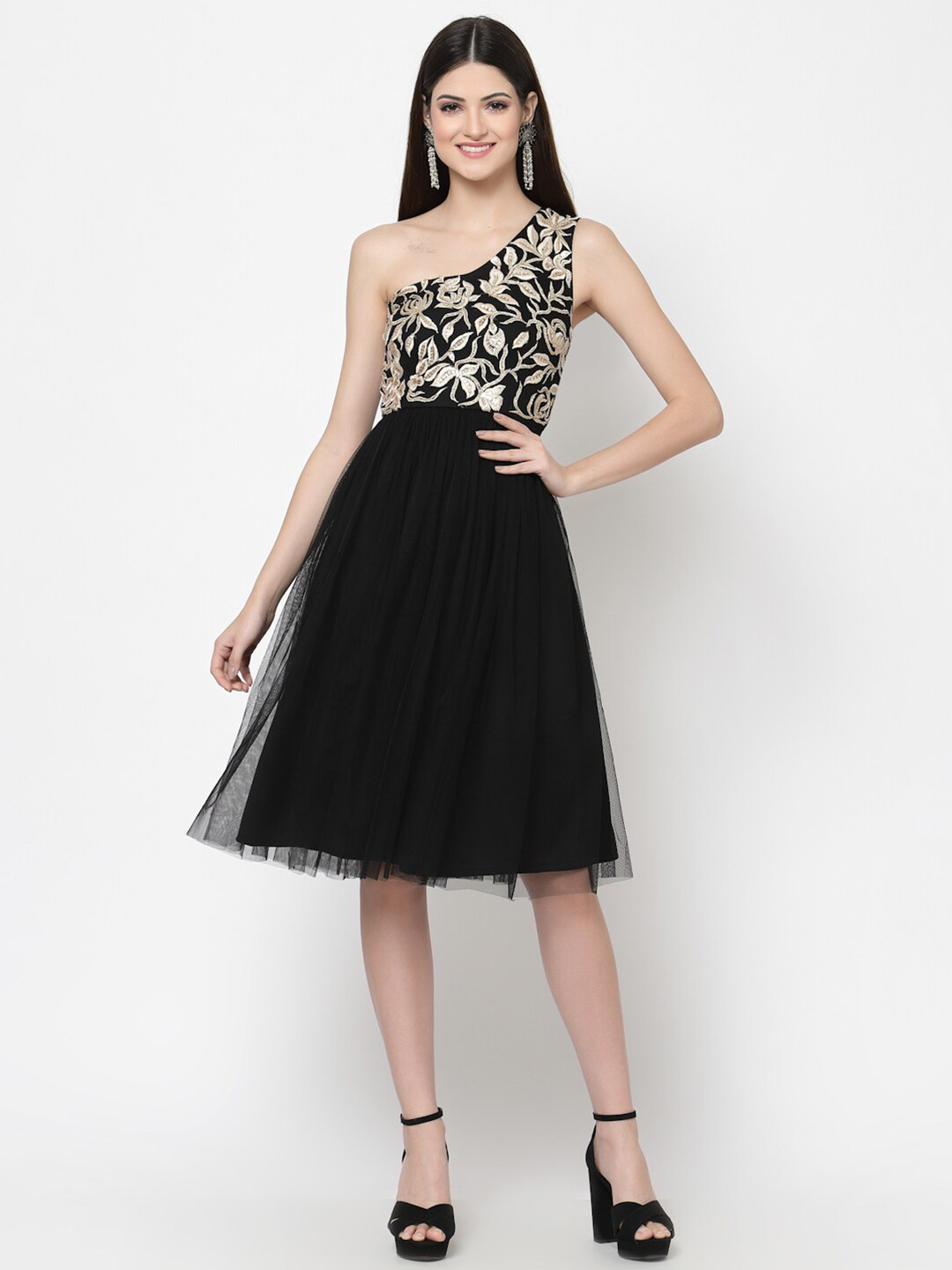 

Just Wow Women Black Floral Net Beads Design Dress