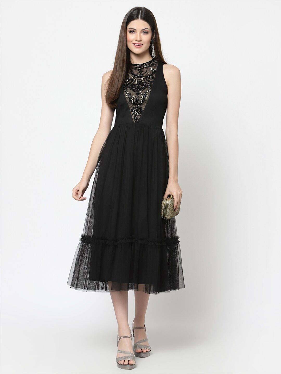 

Just Wow Women Black Embellished Net Midi Dress