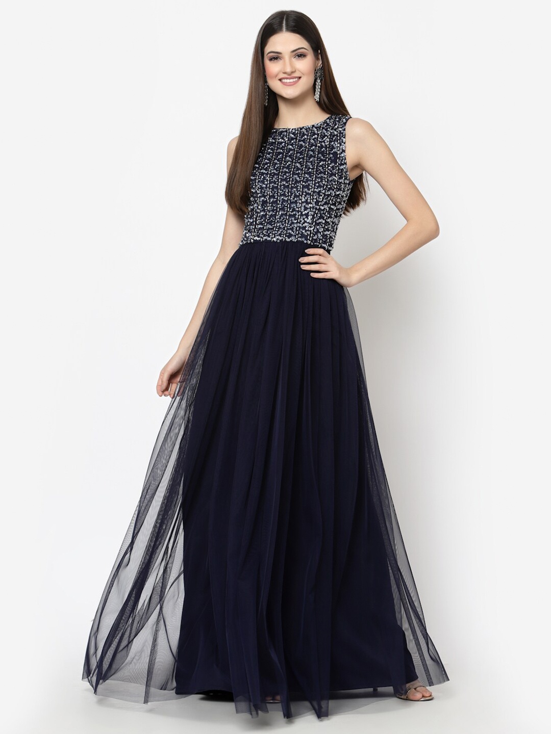 

Just Wow Women Navy Blue Embellished Net Maxi Dress